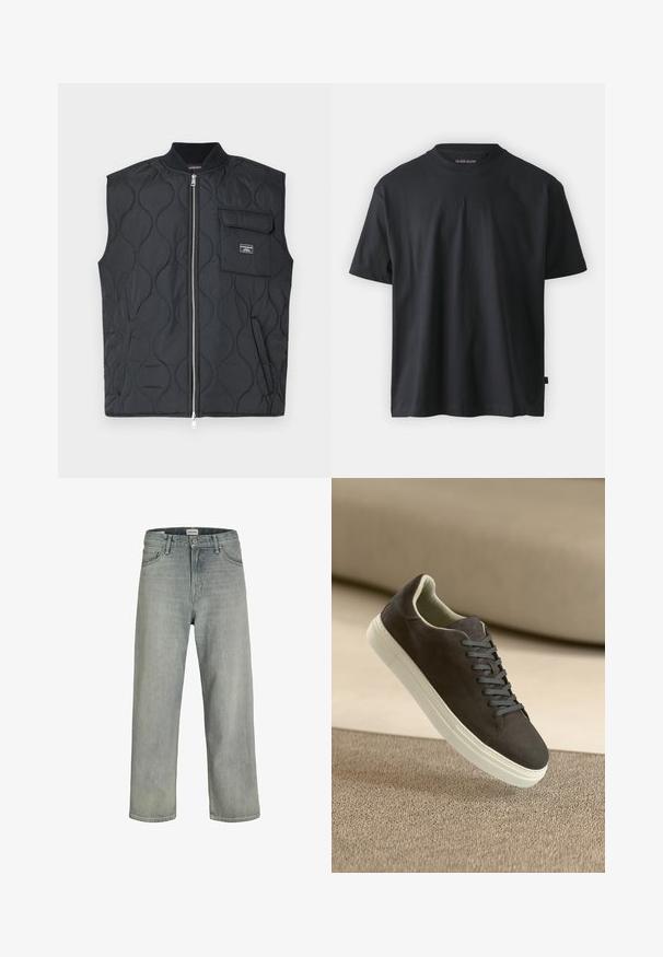 Colete preto acolchoado com gola alta, fecho de correr frontal e um bolso no peito. Apresenta um padrão ondulado e um detalhe com marca no bolso.; T-shirt de algodão preto com mangas curtas, gola redonda e texto em relevo "GUESS JEANS" na frente. Toque suave, ajustamento descontraído.; Jeans soltos de cor cinza claro feitos de denim. Apresentam um design clássico de cinco bolsos, passadores para cinto e uma silhueta de perna reta.; Tênis de camurça cinza escuro com atacadores combinando e sola de borracha branca, posicionados acima de uma superfície bege texturizada com fundo suave.