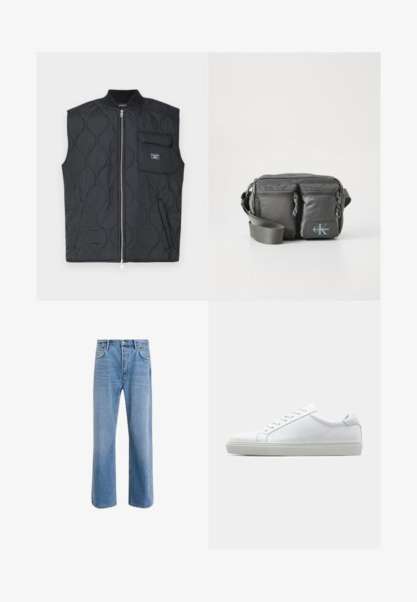 Svart quiltet vest med høy krage, frontglidelås og en enkelt brystlomme. Har bølgemønster og merkeaccent på lommen.; Langermet genser med høy hals i lys krembomull. Glatt tekstur, avslappet passform, minimalistisk design, ingen synlige mønstre eller aksenter.; Lys blå denimjeans med rett ben-design, fem lommer, knappeåpning, minimal falming og kontrasterende sømdetaljer.; Hvit sneakers med en glatt skinnoverdel og lav profil. Har en rund tå, seks snøring hull, og en teksturert gummisåle.; Grå nylon crossover-veske med to glidelåslommer foran, justerbar stropp og logoaccent. Glatt tekstur med et moderne design.