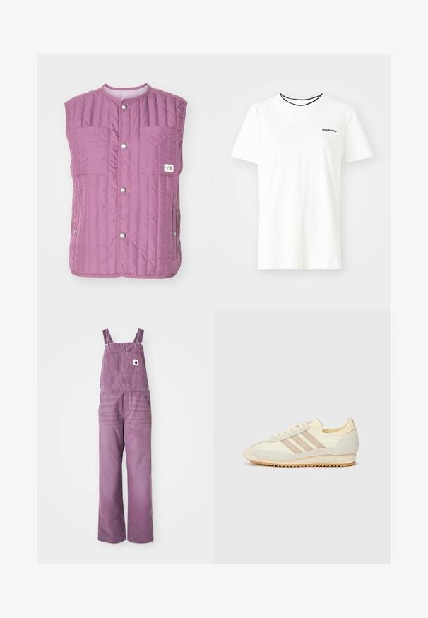 The North Face REVERSIBLE VISOKE - Γιλέκο - midnight mauve/purple chalk; Λευκό βαμβακερό t-shirt με κοντά μανίκια και στρογγυλή λαιμόκοψη. Διαθέτει ένα μαύρο λογότυπο της Adidas στο στήθος και αντίθετο μαύρο εσωτερικό επίδομα.; Μωβ τζιν σαλοπέτες με ρυθμιζόμενους ιμάντες, μπροστινή τσέπη και φαρδιά πόδια. Το υλικό εμφανίζει ελαφριά υφή; τα εξαρτήματα διαθέτουν ασημένιες μεταλλικές κλιπ.; Κρέμ αθλητικό παπούτσι με τρία μπεζ λωρίδες, υλικά από σουέτ και ύφασμα, υφασμένη σόλα και ανάγλυφο λογότυπο στη φτέρνα.