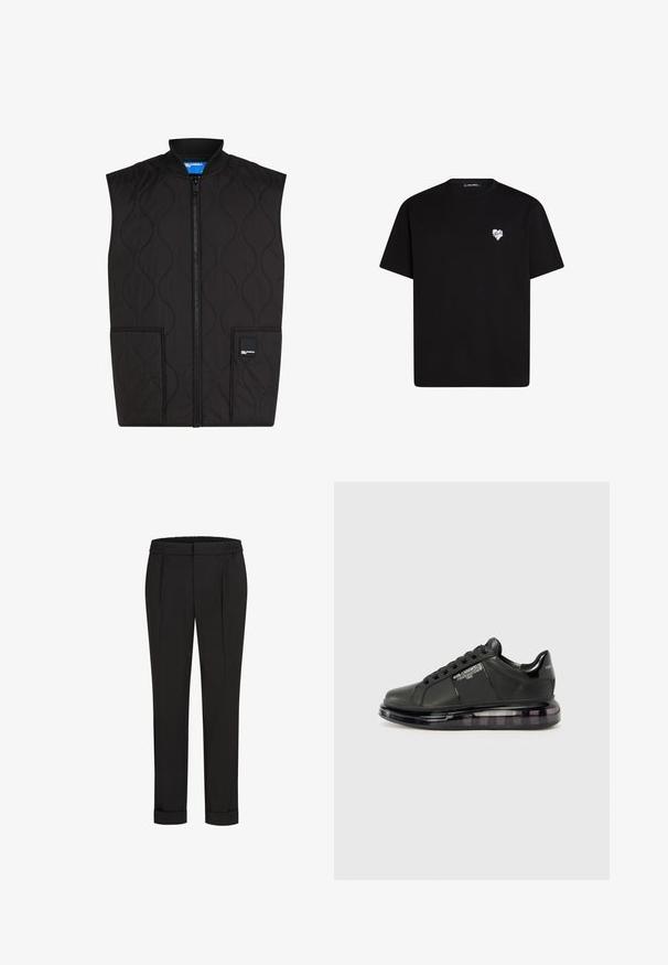Crni kviltani prsluk bez rukava s rajsferšlusom sprijeda, ima okrugli izrez, dva prednja džepa i brendiranu oznaku na donjoj desnoj strani.; Crna pamučna majica s kratkim rukavima, okruglim izrezom i malim bijelim grafičkim srcem na lijevoj strani prsnog dijela.; Crne hlače s elastičnom trakom u struku, s ravnim krojem i zavrnutim rubovima. Napravljene od glatkog, tkanog materijala bez uzoraka.; Crna sportska cipela s glatkom kožnom gornjom dijelu, zaobljenim vrhom i vezanjem. Sadrži prozirnu, ublaženu potplat s tamnim degradéom.