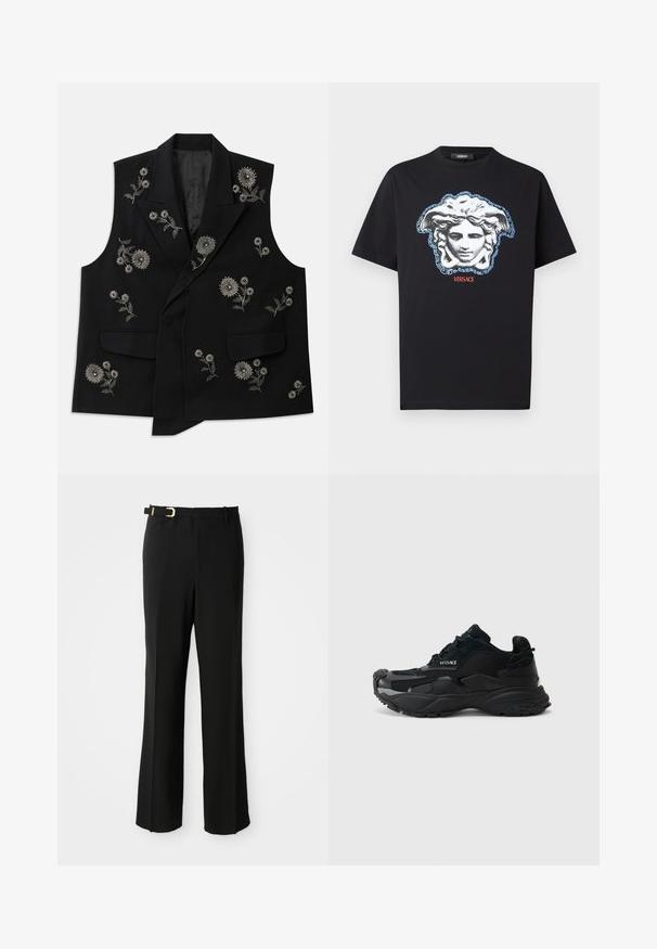 Juodas be rankovių liemanis, puošnus sudėtingu sidabriniu gėlių siuvinėjimu. Jame yra dvi priekinės kišenės ir vienas sagos užsegimas.; Juoda medvilninė marškinėliai su ryškiu Medūzos galvos paveikslu pilkšvai mėlynos spalvos su graikų rakto raštu ir raudonu užrašu „VERSACE“.; Juodos kelnes, pritaikytos pagal figūrą, su lygia priekiu, diržo kilputėmis, elegantiška siluetu ir auksiniu sagtimi ant diržo.; Juodos sportinės sportbačiai, pagaminti iš tinklinės ir zomšinės medžiagos, su tekstūruotu padu, apvaliu nosiu ir Versace logotipo detale šone.