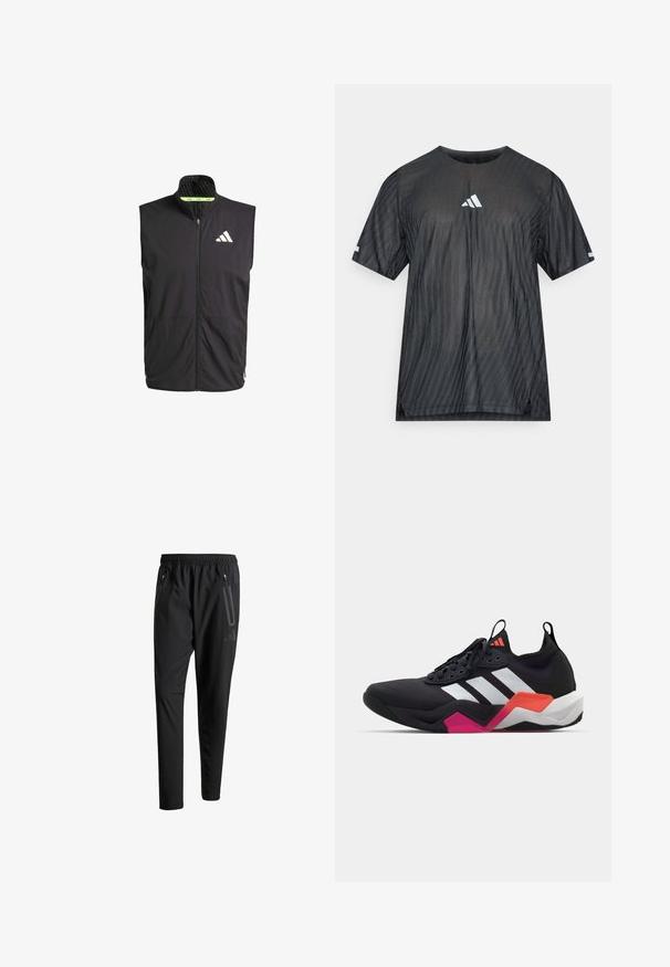 Musta urheiluvesti, jossa on korkea kaulus, etuvetskari ja kaksi sivutaskua. Varustettu teksturoidulla vuorella ja valkoisella logolla rinnassa.; Musta lyhythihainen urheilupaita, jossa on kohokuvioitu vinoraitakuvio ja valkoinen Adidas-logo rinnassa ja hihoissa.; Mustat urheiluhousut, joissa on joustava vyötärö, kaksi vetoketjullista sivutaskua, kapenevat lahkeet ja hillitty logokuvaus lonkalla.; Musta urheilukenkä valkoisilla raidalla, teksturoitu päällinen ja paksu pohja, jossa oranssia, vaaleanpunaista ja valkoista korostusta. Nauhakiinnitys ja vetotappi.