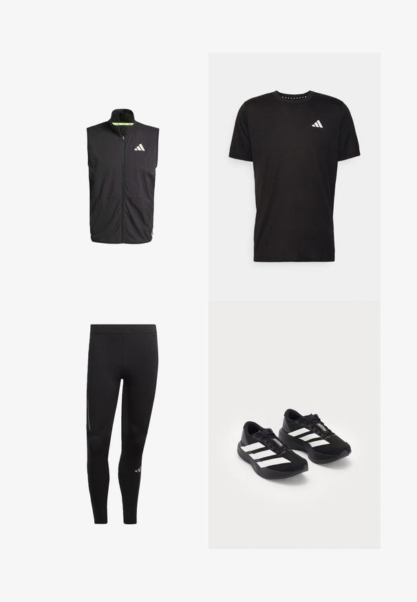 Schwarze Sportweste mit hohem Kragen, Frontreißverschluss und zwei Seitentaschen. Sie verfügt über ein strukturiertes Innenfutter und ein weißes Logo auf der Brust.; Schwarzes Baumwoll-T-Shirt mit kurzen Ärmeln, Rundhalsausschnitt und einem weißen Logo auf der linken Brust. Glatte Textur und einfaches Design.; Schwarze sportliche Leggings aus dehnbarem Material, mit einem hohen Bund, reflektierenden Akzenten und einem Logo nahe dem Knöchel. Weiche Textur.; Ein Paar schwarze Adidas Adizero Laufschuhe mit weißen Streifen und Schnürsenkeln auf weißem Hintergrund, nebeneinander positioniert.