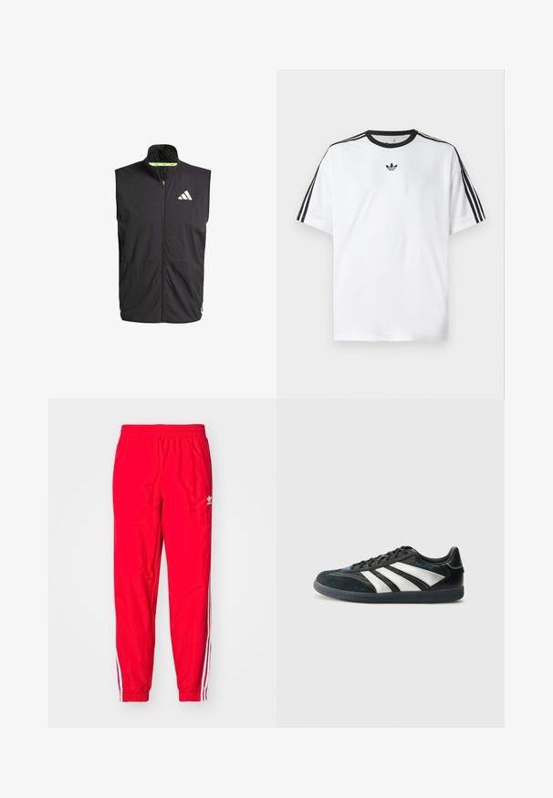 Chaleco atlético negro con cuello alto, cremallera frontal y dos bolsillos laterales. Cuenta con un forro texturizado y un logo blanco en el pecho.; Camiseta blanca de algodón, con un cuello redondo negro y tres rayas negras en cada hombro. Pequeño logo negro en el pecho.; Pantalones deportivos rojos con una cintura elástica, acentos de rayas blancas a lo largo de los lados y un pequeño logo blanco en el muslo izquierdo.; adidas Performance PREDATOR FREESTYLE JUDE INDOOR FOOTBALL SHOES - Botines de fútbol sala - core black/silver-coloured/glory blue