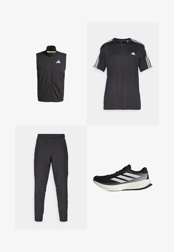 Gilet sportivo nero con colletto alto, zip frontale e due tasche laterali. Caratterizzato da un rivestimento texturizzato e un logo bianco sul petto.; T-shirt nera a maniche corte con design a tre strisce bianche sulle spalle e logo sul petto. Realizzata in tessuto traspirante, con una texture liscia.; Pantaloni sportivi neri con cintura elastica, gambe affusolate e dettagli laterali bianchi. Realizzati in materiale sintetico con una texture liscia.; Scarpa sportiva nera con design in rete, caratterizzata da strisce bianche, punta arrotondata e suola testurizzata per aderenza e supporto.