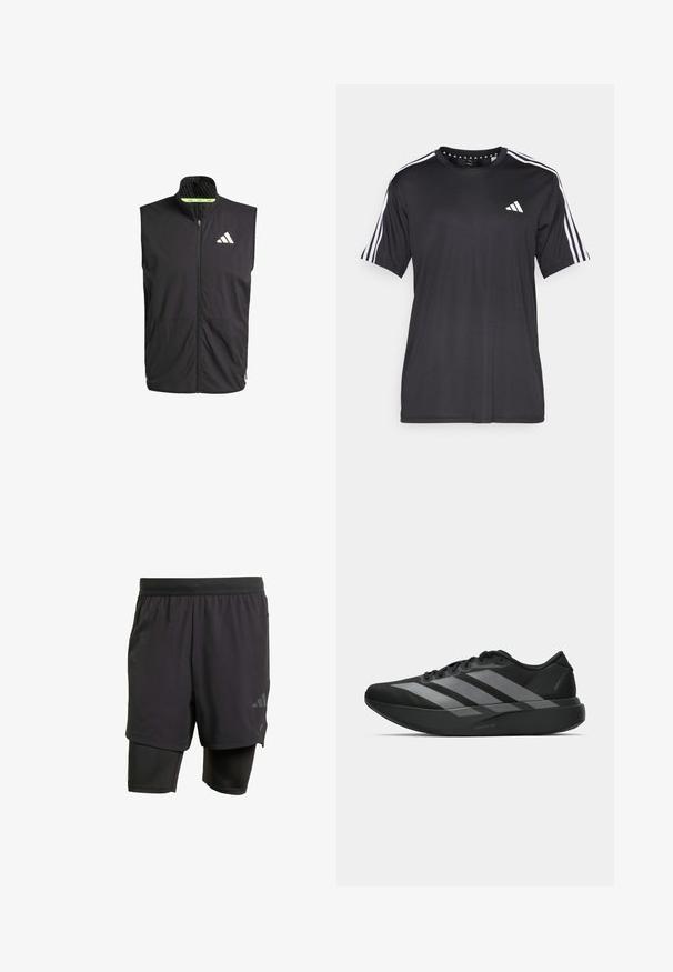 Crni atletski prsluk s visokim ovratnikom, prednjim zatvaračem i dva bočna džepa. Ima teksturiranu podlogu i bijeli logo na prsima.; Crna majica kratkih rukava s bijelim trostrukim dizajnom na ramenima i logotipom na prsima. Izrađena od prozračnog materijala, glatke teksture.; Crne atletske šortse s integriranim unutarnjim slojem, izrađene od prozračnog materijala. Sadrže suptilan logo i strukturiranu teksturu. Podesivi pojas.; Crne atletske tenisice s laganim dizajnom, koje imaju tri istaknute sive pruge, glatku teksturu i oblikovanu pogodnu potplat.