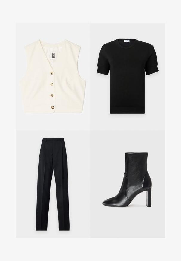 Gilet sans manches couleur crème avec un tissu texturé, décolleté en V et cinq boutons à l'avant de couleurs contrastées. Étiquette cousue à l'intérieur.; Haut noir à manches courtes en maille avec un col rond. Présente un subtil détail côtelé aux manches et à l'ourlet, confectionné dans un tissu lisse.; Pantalon noir en tissu lisse avec taille haute, jambes larges, plis à l'avant et passants de ceinture classiques. Pas de poches latérales visibles.; Bottine en cuir noir avec un design épuré, bout pointu et un haut talon carré. Présente une texture lisse et des détails de couture minimalistes.