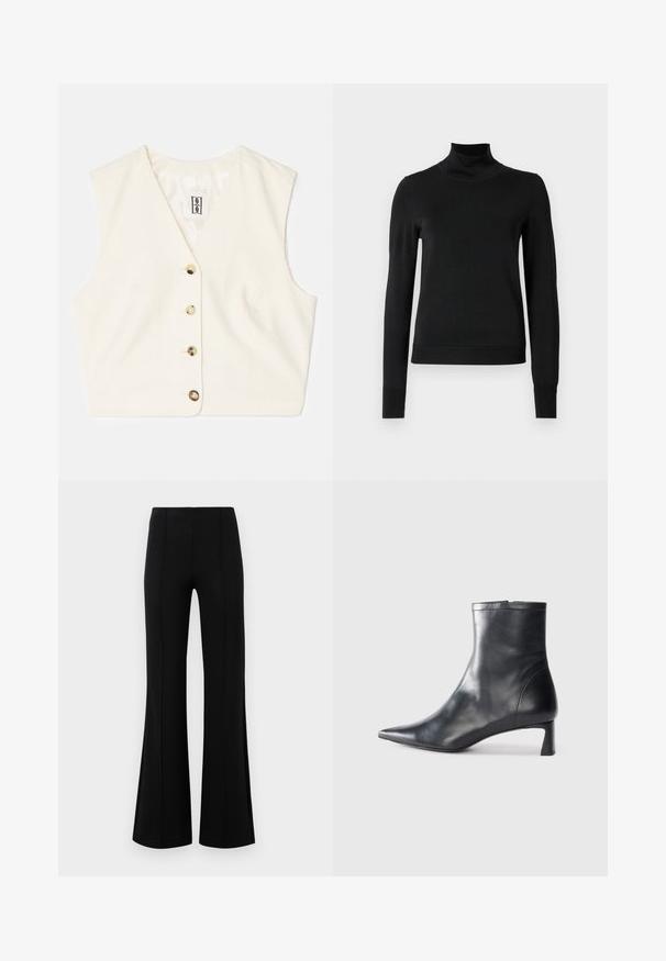 Gilet senza maniche color crema con tessuto testurizzato, scollatura a V e cinque bottoni frontali in colori a contrasto. Etichetta cucita all'interno.; Pullover nero a maniche lunghe con collo alto, rifinito con polsini e orlo a coste, mostrato su uno sfondo bianco semplice.; Pantaloni neri a zampa d'elefante con vita alta, realizzati in tessuto elastico. Presentano dettagli di cucitura verticale nella parte anteriore e una texture liscia.; Stivaletto in pelle nera con punta affusolata e design elegante. Presenta un tacco basso e una chiusura con zip sul retro. Texture liscia.