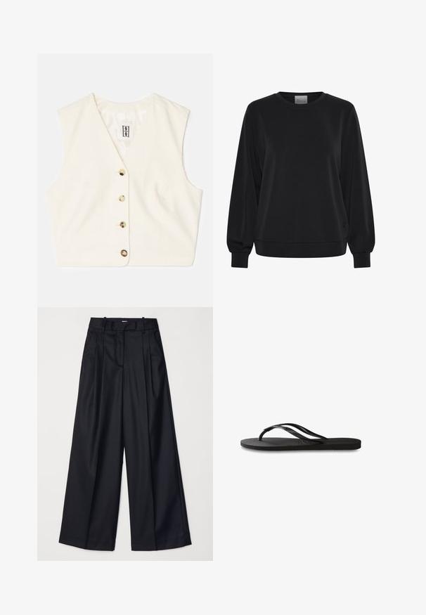 Gilet senza maniche color crema con tessuto testurizzato, scollatura a V e cinque bottoni frontali in colori a contrasto. Etichetta cucita all'interno.; Felpa nera con maniche lunghe, colletto a giro e polsini a coste. Presenta una texture liscia e un discreto dettaglio del logo sul davanti.; Pantaloni neri a gamba larga realizzati in un tessuto morbido, con vita alta, pieghe e un design sartoriale. Finiture semplici in nero in vita.; Infradito neri con suola in gomma testurizzata, due cinghie sottili e un sottile dettaglio del logo impresso sulla cinghia.