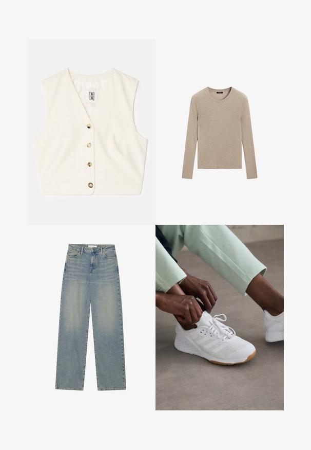 Gilet senza maniche color crema con tessuto testurizzato, scollatura a V e cinque bottoni frontali in colori a contrasto. Etichetta cucita all'interno.; Massimo Dutti RIBBED CREW NECK - Maglione - LIGHT BROWN; Jeans in denim blu chiaro a vita alta e gamba dritta, con tasche frontali, passanti per cintura e chiusura con bottone e cerniera visibili.; Scarpa sportiva bianca con tomaia in rete, suola in gomma e design a tre strisce. I lacci vengono regolati; visibili abbigliamento grigio chiaro e verde menta.