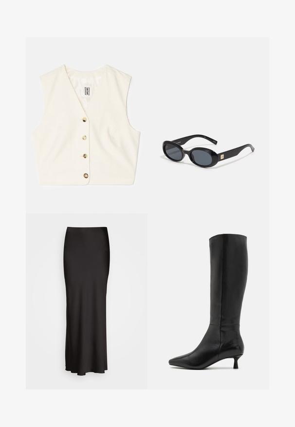 Chaleco sin mangas de color crema con tela texturizada, escote en V y cinco botones frontales en colores contrastantes. Etiqueta cosida en el interior.; Top sin mangas de canalé blanco con escote redondo. Tejido elástico y diseño ajustado. La etiqueta en la parte posterior dice "GESTUZ."; Falda larga de satén negra con una textura suave, cinturilla ajustada y silueta en A, que no presenta adornos ni patrones visibles.; Zign Botas - black; Gafas de sol negras en forma ovalada con lentes oscuros, montura de plástico brillante, brazos anchos y un pequeño acento dorado en un lado.