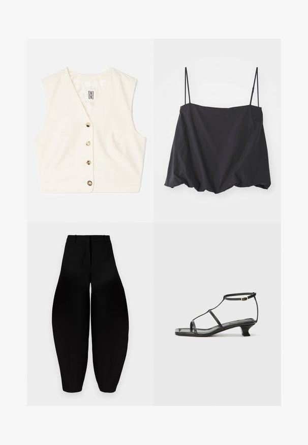 Kremfarvet ærmeløs vest med struktureret stof, V-halsudskæring og fem forsidelukninger i kontrastfarver. Etiketten er syet indeni.; Sort ærmeløs top med tynde stropper, løs pasform og rynket kant. Lavet af letvægtsstof med en glat tekstur.; Sorte vidde bukser med høj talje, plisseret front og smalnende ankler. Fremstillet af glat stof med mat overflade.; Sort lædersandal med firkantet tå, tynde stropper, justerbar ankelrem og en lav hæl. Har et lille gyldent element på stroppen.