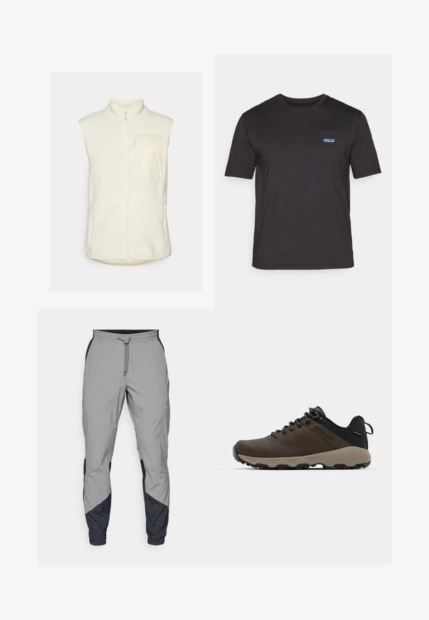 Fleecevest i off-white, med høy krage, frontlås og en brystlomme. To sidelommer med glidelås fullfører designet.; Svart kortermet t-skjorte laget av bomull, med en brystlomme med en blå Patagonia-logo på venstre side.; Lettvektige, grå treningsbukser med svarte detaljer. Elastisk midjebånd, snøring, tapered benedesign og sidelommer.; Brune vanntette joggesko med teksturert overdel, perforerte detaljer, svart hæl støtte og en grå gummisåle. Snøring er stilisert med metalliske ender.