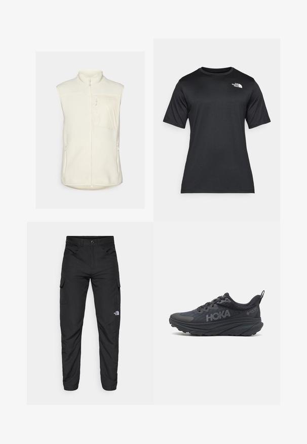Fleece brezrokavnik v off-white barvi, z visokim ovratnikom, sprednjim zadrgo in enim žepom na prsih. Dva stranska žepa z zadrgo dopolnjujeta dizajn.; Črna majica s kratkimi rokavi iz lahkega, vlago odvajajočega materiala. Ima belo logo na levem prsnem delu in krožni izrez.; The North Face HORIZON PANT - Hlače za na prostem - black; Črne tekaške čevlje Hoka z mrežasto zgornjim delom, teksturiranimi podrobnostmi in debelim, oblazinjenim podplatom s koničastimi robovi za izboljšano podporo.