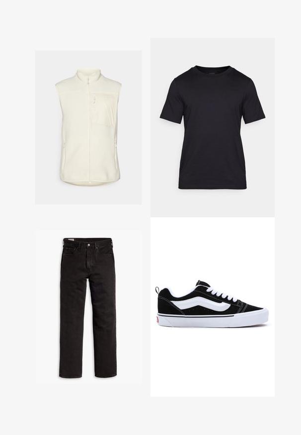 Švelnus liemenė, nežymiai balta, su aukštu apykakle, priekiniais užtrauktukais ir viena krūtine kišenė. Dvi šoninės kišenės su užtrauktukais užbaigia dizainą.; Juodas marškinėliai, pagaminti iš lygaus audinio, su apvalia kaklo iškirpte ir trumpomis rankovėmis. Subtilus prekės ženklas juodai atspausdintas ant krūtinės.; Juodos tiesios kojų džinsinės kelnės su penkiomis kišenėmis, mygtuko užsegimu ir diržo kilpomis, išdėstytos plokščiai ant balto fono.; Juodi suede sportbačiai su baltais akcentais, turintys žemą fasoną, užrišamus raištelius ir storą baltą guminiu padais. Prekės ženklo logotipas ant kulno.