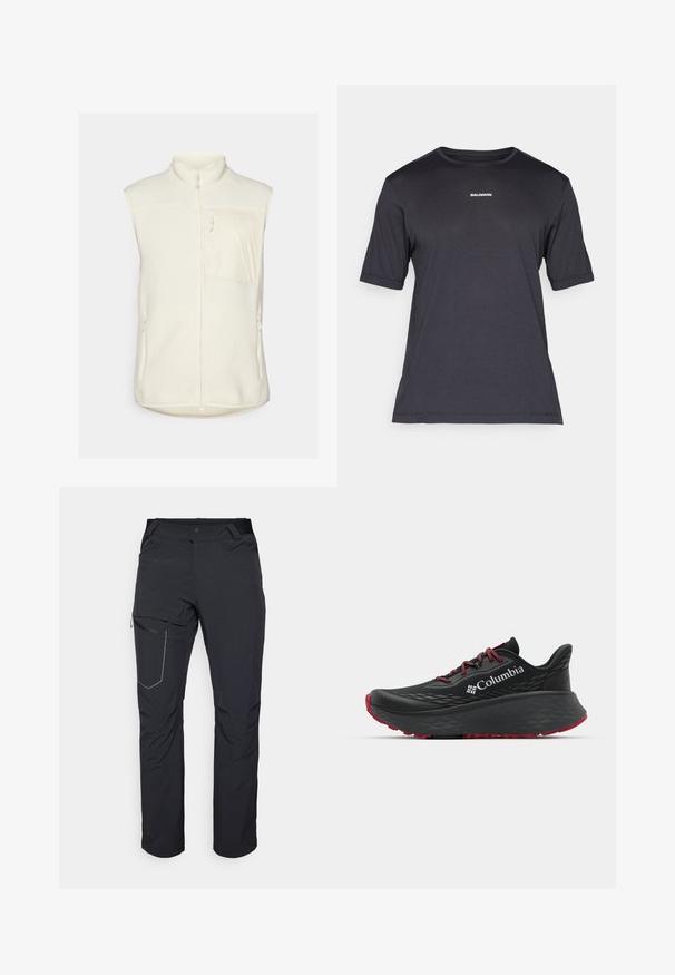 Krekliņš bez piedurknēm bēšā krāsā ar augstu apkakli, priekšējo rāvējslēdzēju un vienu krūšu kabatu. Divas sānu kabatas ar rāvējslēdzēju pilnveido dizainu.; Melnas īsām piedurknēm izstrādāta veiktspējas T-krekls, kas izgatavots no elpojoša auduma, ar apaļu kakla izgriezumu un nelielu baltu "SALOMON" logotipu uz krūtīm.; Melni āra bikses ar rāvējslēdzēja sānu kabatu, elastīgu jostasvietu un gludu, ūdensizturīgu audumu. Tīra dizaina bez redzamām emblēmām.; Melnas sporta kurpes ar teksturētu augšdaļu, sarkanām auklām un logotipu. Bieza zole ar rakstainu protektoru, lai nodrošinātu saķeri. Minimālisma dizains, sānu skats.