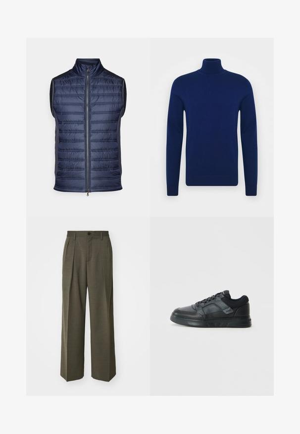 Jūrų karinio jūrų laivyno pūkinis liemenė su vertikaliais siuvinėjimais, aukštu apykaklė, priekinis užtrauktukas ir elegantiški pilki šonai. Lengvas audinys.; Tamsiai mėlynas golfas, pagamintas iš lygaus mezginio audinio. Ilgos rankovės ir prigludęs siluetas su įribuotais akcentais ant apykaklės ir krašto.; Filippa K WIDE TROUSERS - Kelnės - driftwood; Juodos sportbačiai su lygiu odiniu viršumi, tinklelio akcentais, perforuotais detalėmis ir tekstūruota guma su žemu profiliu.