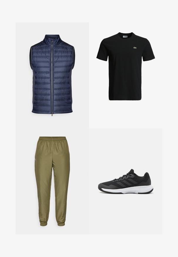 Marineblaues Steppweste mit vertikaler Steppung, hohem Kragen, Vorderreißverschluss und eleganten grauen Seitenflächen. Leichtes Gewebe.; Schwarzes Baumwoll-T-Shirt mit Rundhalsausschnitt, kurzen Ärmeln und einem kleinen grünen Krokodil-Logo auf der linken Brust. Glatte Textur, lässiges Design.; Olivgrüne Jogginghosen mit elastischem Bund, schmal zulaufenden Bündchen und einem kleinen Logodetail. Hergestellt aus glattem, leichtem Stoff.; Schwarzer Sportschuh mit strukturiertem Obermaterial, drei horizontalen Streifen und einer weißen Sohle mit einem gemusterten Profil. Leicht und schlank im Design.