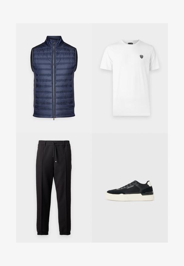 Colete puffer azul-marinho com padrão de quilting vertical, gola alta, fecho frontal com zíper e painéis laterais cinzentos elegantes. Construção em tecido leve.; T-shirt de algodão branca com mangas curtas, apresentando um pequeno logotipo preto na área do peito esquerdo. Design clássico de gola redonda.; Calças pretas com uma cinta na cintura, cordão ajustável e punhos elásticos. Apresenta pregas e um tecido liso e texturizado.; Sapata preta feita de malha e couro, apresentando uma sola branca grossa e detalhes contrastantes. Cadarços e detalhe do logótipo na lateral.