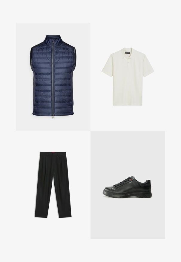 Marineblaues Steppweste mit vertikaler Steppung, hohem Kragen, Vorderreißverschluss und eleganten grauen Seitenflächen. Leichtes Gewebe.; Weißes Poloshirt aus strukturiertem Stoff, mit klassischem Kragen, Dreiknopfleiste und kurzen Ärmeln.; Schwarze Hose mit einem gefältelten Design, weiter Beinform und glatter Textur. Verfügt über ein rotes Taillenlabel.; Schwarze Leder-Sneaker mit strukturiertem Obermaterial, gepolstertem Kragen und rotem Logo-Detail. Verfügt über eine dicke Gummisohle mit markantem Profil.