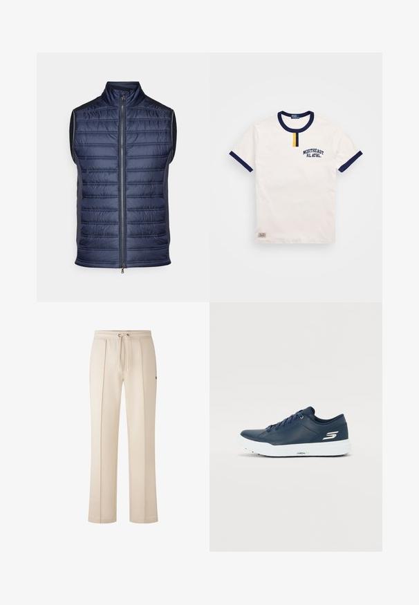 Marineblaues Steppweste mit vertikaler Steppung, hohem Kragen, Vorderreißverschluss und eleganten grauen Seitenflächen. Leichtes Gewebe.; Weißes Baumwoll-T-Shirt mit marineblauem rundem Halsausschnitt und Akzenten an den Ärmeln. Verfügt über ein kleines Detail mit gelbem Knopf und gesticktem "NORTHEAST RL ATHL."; Beige Jogginghose mit elastischem Bund und Kordelzug, vorne mit Falten und einem dezenten Logo an der Hüfte. Weicher, strukturierter Stoff.; Navyblaue Sneaker mit glattem Synthetik-Obermaterial, gepolstertem Kragen und weißer Sohle. Mit Logo an der Seite und flachen Schnürsenkeln für einen sicheren Sitz.