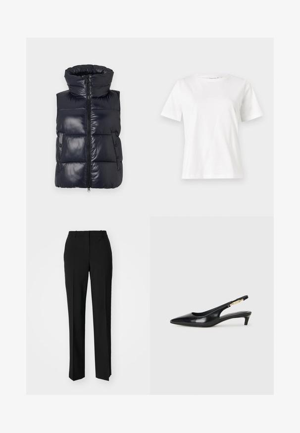 Vest puf navy cu guler înalt, închidere cu fermoar și butoane laterale. Include o finisare lucioasă și un design matlasat pentru izolație.; Tricou alb din bumbac cu mâneci scurte, guler rotund și o croială relaxată. Textură netedă, fără imprimeuri sau accente, design minimalist.; Pantaloni negri tailor-ed cu un design drept, având o textură fină și cute clare pe față. Fără elemente de prindere vizibile.; Sandale slingback din piele neagră cu vârf ascuțit, având un toc subțire și un accent de culoare aurie pe curea ajustabilă. Textură netedă.