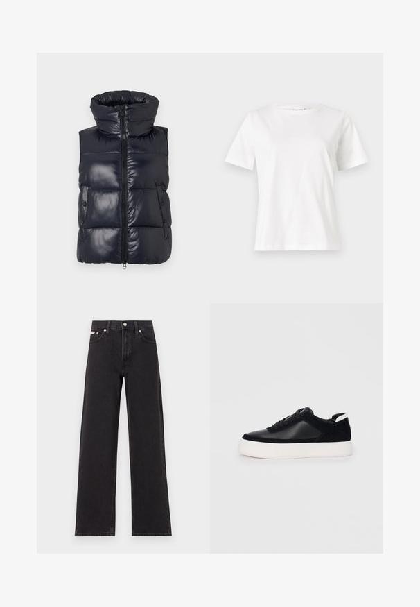 Jūras spēku pufērs ar augstu apkakli, ar rāvējslēdzēja aizdari un sānu pogām. Tam ir spīdīga virsma un kviltēta struktūra siltumizolācijai.; Baltas kokvilnas T-krekls ar īsām piedurknēm, apaļu kakla izgriezumu un brīvu piegriezumu. Gluda tekstūra, bez rakstiem vai akcentiem, minimālistisks dizains.; Melni platmalu džinsi, kas izgatavoti no denima, ar augstu vidukli, piecu kabatu dizainu un metāla pogas aizdari ar kontrastējošu šuvumu.; Melnas sporta kurpes ar gludu ādu un zamša paneļiem, plakaniem šņorēm, noapaļotu pirkstu daļu un baltu gumijas zolīti. Izteikts logo uz papēža.