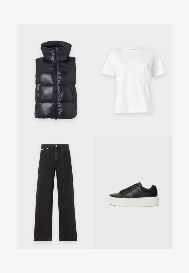 Navy puffer vest with a high collar, zip closure, and side buttons. Features a glossy finish and quilted design for insulation.; White cotton t-shirt with short sleeves, round neckline, and a relaxed fit. Smooth texture, no patterns or accents, minimalistic design.; Black wide-leg jeans made of denim, featuring a high-rise waist, five-pocket styling, and a metal button closure with contrasting stitching.; Black leather sneaker with a rounded toe, white platform sole, and black laces. Features a subtle logo on the heel and smooth texture.