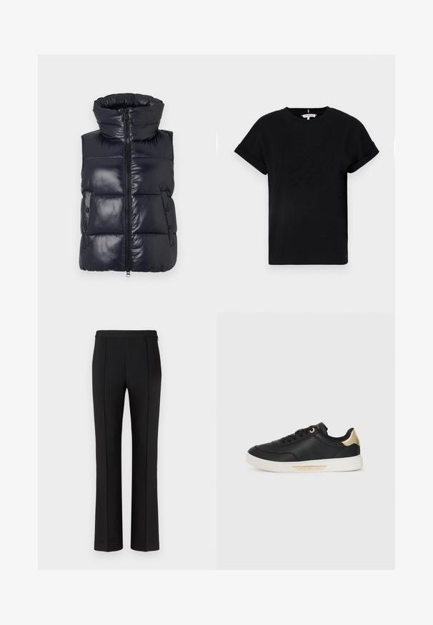 Tummansininen puffer-uutto, jossa on korkea kaulus, vetskari ja sivunapit. Sisältää kiiltävän pinnan ja tikatun muotoilun eristykselle.; Mustapaita, jossa on lyhyet käärityt hihat, keskellä kohokuvioitu logo ja sivussa pieni lipputunnus.; Mustat, räätälöidyt housut, joissa on sileä pinta, suora lahje, keskitetyt etupregat ja minimalistinen vyötärönauhan muotoilu.; Musta nahkakengät, joissa on sileä pinta, valkoinen kumipohja, kultaiset yksityiskohdat kantapäässä ja nauhoissa, sekä logo sivussa.