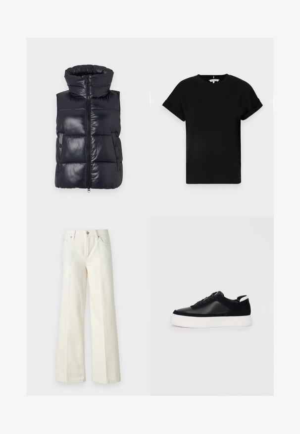 Mornarica puf prsluk s visokim ovratnikom, zatvaranjem na patentni zatvarač i bočnim gumbima. Ima sjajnu završnu obradu i kviltani dizajn za dodatnu izolaciju.; Crna pamučna majica s kratkim zavrnutim rukavima, s reljefnim logotipom u središtu i malim akcentom zastave sa strane.; Široke bijele traperice izrađene od mješavine pamuka. Imaju zatvarač, dizajn s pet džepova i šavove uz rubove.; Crne tenisice s glatkom kožom i panelima od antilopa, ravne vezice, zaobljenim vrhom i bijelim gumeni potplat. Izraziti logo na peti.