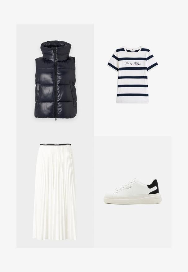 Marine puffervest met een hoge kraag, ritsluiting en zijknopen. Beschikt over een glossy afwerking en een gewatteerd ontwerp voor isolatie.; Katoenen T-shirt met horizontale marineblauwe strepen op een witte achtergrond. "Tommy Hilfiger" geborduurd in cursieve letters op de borst. Ronde hals.; Plisséminirok in het wit met een zwarte elastische tailleband met het "LACOSTE"-logo. Middellange ontwerp met een zachte textuur.; Witte leren sneakers met een dikke witte zool, zwarte suède hielaccent en een geperst logo op de zijkant. Vetersluiting met zes oogjes.