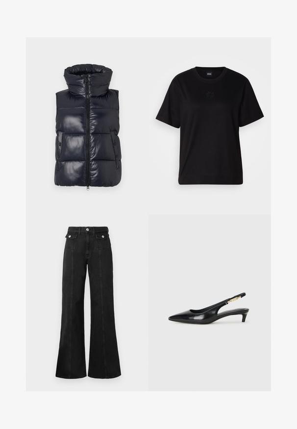 Marineblauer Daunenweste mit hohem Kragen, Reißverschluss und seitlichen Knöpfen. Sie verfügt über eine glänzende Oberfläche und ein gesteppter Design zur Isolierung.; Schwarzes Baumwoll-T-Shirt mit Rundhalsausschnitt, kurzen Ärmeln und aufgesticktem Logo auf der Brust. Einfacher, lässiger Schnitt ohne Muster.; Schwarze, weit geschnittene Jeans aus Denim mit hoher Taille, ausgestattet mit zwei vorderen Taschen, silberfarbener Hardware und sichtbaren Nahtdetails an der Vorderseite.; Schwarze Leder-Slingback-Pumps mit spitzem Schuhblatt, ausgestattet mit einem schlanken Absatz und einem goldfarbigen Akzent am verstellbaren Riemen. Glatte Textur.