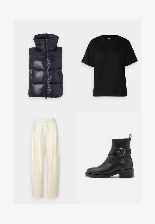 Navy puffer vest with a high collar, zip closure, and side buttons. Features a glossy finish and quilted design for insulation.; Black cotton t-shirt with a crew neckline, short sleeves, and an embroidered logo on the chest. Simple, relaxed fit with no patterns.; Pleated, high-waisted trousers in light cream fabric. Features a straight cut and a smooth texture. No pockets or visible hardware.; BOSS IRYNA BOOTIE - Platform ankle boots - black