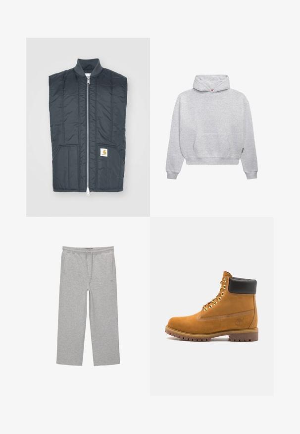 Ciemnoszara bezrękawnik z pełnym zamkiem, dwiema przednimi kieszeniami, poziomym przeszyciem i małą naszywką z logo po lewej stronie.; Jasnoszara bluza z kapturem wykonana z miękkiej mieszanki bawełny. Posiada kangurzą kieszeń, ściągacze przy mankietach oraz regulowany kaptur o minimalistycznym designie.; Biała bawełniana koszulka z długim rękawem, okrągłym dekoltem, luźnym krojem i ściągaczami przy rękawach. Gładki design, bez grafik ani wzorów.; Szare bawełniane spodnie dresowe z elastycznym pasem, sznurkiem i dwoma bocznymi kieszeniami; prosty krój nogawki, miękka tekstura, bez wzorów.; Beżowe zamszowe botki sięgające kostki z czarną wyściełaną krawędzią, złotymi oczkami, białymi detalami szycia oraz wytrzymałą gumową podeszwą z wyraźnym bieżnikiem.