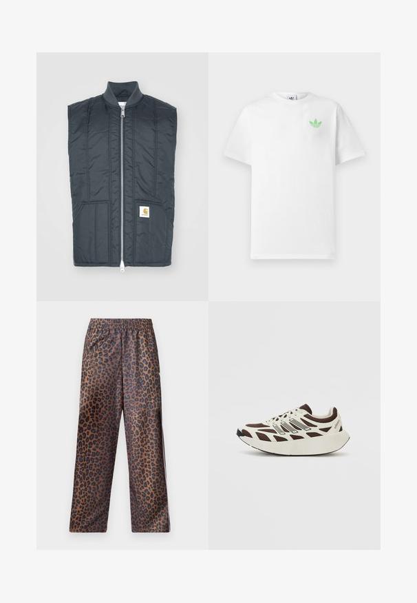 Tumehall sleeveless vest, millel on täispikk tõmblukk, kaks esist pocketit, horisontaalne sisekaitse ja väike logo plaat vasakul küljel.; Valge puuvillane lühikeste varrukatega T-särk, millel on vasakul rinna poole väike roheline Adidas'i logo. Lihtne, klassikaline disain ümmarguse kaelusega.; Leopardimustrilised püksid elastse vöökoha ja mugava lõikega. Valmistatud läikivast kangast, millel on pruun taust mustade laikudega.; Pruun ja kreemikas tennis, millel on võrkmaterjalist ülaserv, tekstuuriga ülekattega ja ümar paks valge tald. Omab madalat keelt ja paelu.