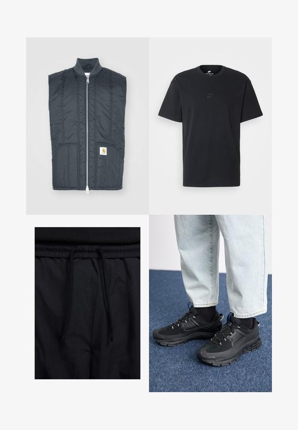 Colete sem mangas cinza escuro com um fecho de correr completo, dois bolsos frontais, costuras horizontais e um pequeno emblema do lado esquerdo.; T-shirt de algodão preto da Nike com um clássico decote redondo, mangas curtas e um logótipo em relevo discreto no peito. Textura suave.; Calções pretos com um cós elástico ajustável, fabricados em tecido leve com uma textura suave e um design simples, sem logótipos ou padrões visíveis.; Sapatilhas desportivas pretas com tecido texturizado e solas em borracha, apresentando atacadores elásticos e um detalhe azul no calcanhar. Usadas com calças de ganga claras.