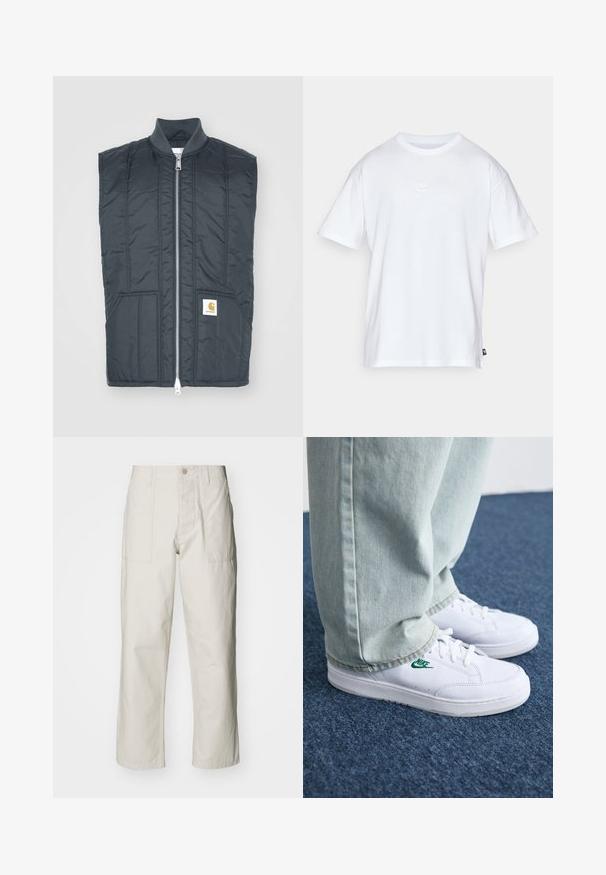 Temno siva brezrokavnik z polnim zadrgo, dvema sprednjima žepoma, vodoravno šivanjem in majhnim logom na levi strani.; Bela bomba iz bombaža s kratkimi rokavi in okroglo ovratnikom. Ima majhen, diskreten Nike logotip na prsih in stranski etiket.; Svetlo bež široke hlače iz bombaža. Imajo sprednje žepe in gumbasto zapiranje. Gladka tekstura z subtilnimi navpičnimi črtami.; Bela usnjena športna obutev z zelenim Nike logotipom, okrogla konica, ravna podplat, v kombinaciji z svetlo modrimi kavbojkami, prikazana na modrem preprogu.