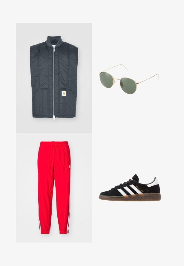 Tmavo šedý bezrukávový top s plným zipsom, dvoma prednými vreckami, horizontálnym prešívaním a malou nášivkou loga na ľavej strane.; Biela bavlnená tričko s okrúhlym výstrihom, krátkymi rukávmi a voľným strihom. Má jednoduchý dizajn bez vzorov alebo akcentov.; Červené športové nohavice s elastickým pásom, biele pruhy po stranách a malým bielym logom na ľavom stehne.; Čierne tenisky Adidas so bielymi pruhmi, zlatým textom "Spezial", gumenou podrážkou a bielym zadným pútkom, zobrazené z bočného pohľadu.; Slnečné okuliare s zlatým kovovým rámom a zelenými šošovkami, okrúhly tvar, tenké nožičky a biele plastové akcenty na koncoch ramien.