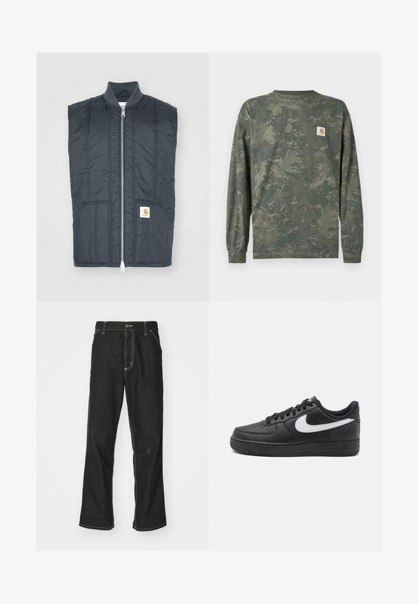 Dunkelgraue ärmellose Weste mit vollem Reißverschluss, zwei Fronttaschen, horizontalen Nähten und einem kleinen Logopatch auf der linken Seite.; Langärmeliges Tarnhemd in Grün- und Brauntönen mit einem kleinen quadratischen Carhartt-Logo-Patch auf der linken Brust.; Schwarze Denim-Jeans mit lockerer Passform, kontrastierenden weißen Nähten, einem Knopfverschluss und geradem Bein.; Schwarze Nike Air Force 1 Sneakers mit einem glatten Lederobermaterial, weißem Logo-Akzent, durchlöchtem Zehenbereich und strukturierter Gummisohle.