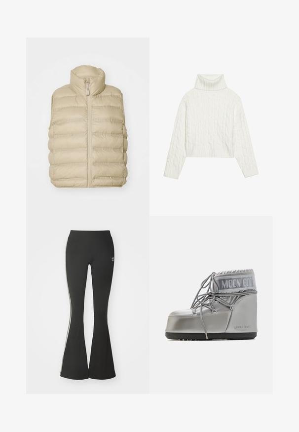 Bež puffer vest kõrge kraega, esimeses lukuga ja horisontaalselt tikandiga mustriga. Pehme, kerge kangas minimaalsete detaljidega.; Valge kaelustega soonikkoes kampsun, millel on lühendatud siluett, rõhutatult soonikuga mansetid ja alläär. Pehme tekstuur ja mugav, paks disain.; Mustad laiad leggingud venivast kangast, kõrgema vöökohtaga ja valgete külgtriipudega. Sisaldab väikest logo vöökohtadel.; Hõbedane veekindel saabas ümmarguse kujuga, tekstuurse viimistlusega ja hallide paeltega. Ülemises osas on silmapaistev "MOON BOOT" logo.