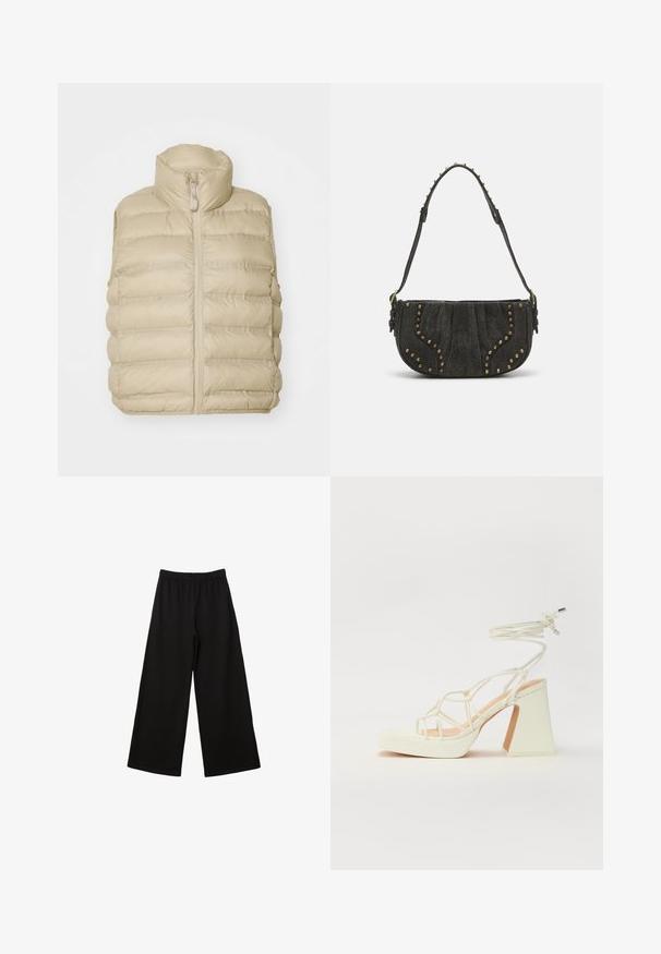 Béžový zateplený veste s vysokým golierom, predným zipsom a horizontálnym prešívaním. Mäkka, ľahká tkanina s minimálnymi detailmi.; Čierny bezrukávový top vyrobený z hladkej tkaniny, s okrúhlym výstrihom a priliehavým strihom bez viditeľných vzorov alebo ozdôb.; Čierne široké nohavice s elastickým pásom, vyrobené z hladkej tkaniny. Majú voľný strih a rovný, po členky siahajúci dizajn.; Biele sandále na vysokom opätku s hrubým podpätkom, s pruhovaným dizajnom a viazaním na členku. Hladký povrch s platformou vpredu pre zvýšenú výšku.; Čierna semišová kabelka s oblúkovým dizajnom, zdobená nitmi a textúrovaným povrchom. Nastaviteľný popruh s detailmi z hrotov pozdĺž okraja.