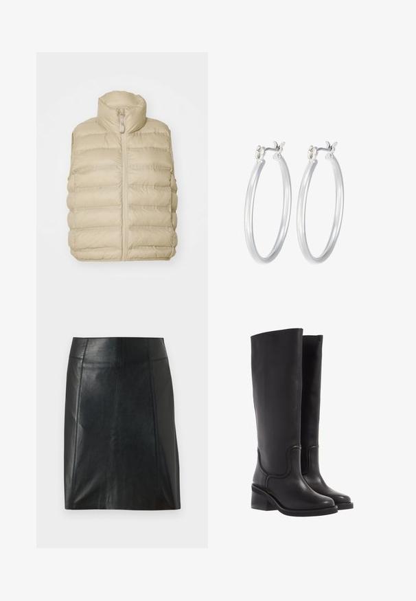 Beige Steppweste mit hohem Kragen, Reißverschluss vorne und horizontalem Steppmuster. Weicher, leichter Stoff mit minimalen Details.; Schwarzer Langarm-Body mit hohem Kragen, bestehend aus festem Stoff im Torso und transparenten Netzärmel, entworfen in einer körperbetonten Form.; Schwarzer Lederrock mit taillierter Passform. Glatte Textur, Nähte, die die Form betonen, und ein gerader Saum. Minimalistische und elegante Optik.; Schwarze Lederstiefel bis zum Knie mit glatter Textur, abgerundeter Spitze und klobigem Absatz. Mit dezenten Nähten und einem schlanken Design.; Silberne Creolen mit einer glatten, polierten Oberfläche. Runder Form und sicherem Klickverschluss. Leichtes Design, geeignet für den täglichen Gebrauch.