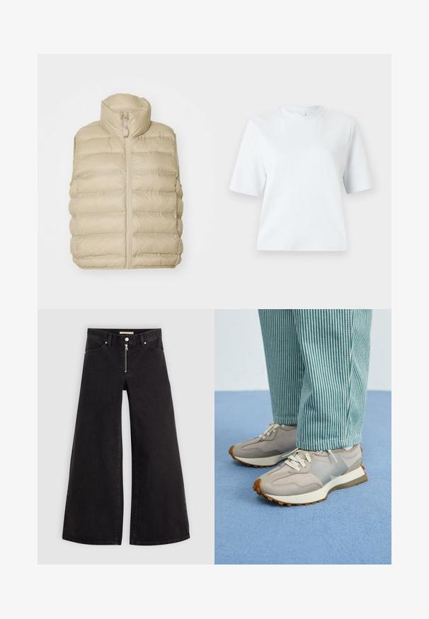 Chaleco acolchado beige con cuello alto, cremallera frontal y patrón de acolchado horizontal. Tejido suave y ligero con un detalle mínimo.; Camiseta de manga corta azul claro hecha de suave algodón. Presenta un clásico cuello redondo y un corte relajado, sin patrones ni acentos.; Jeans de pierna ancha en denim negro con cierre frontal, diseño de cinco bolsillos y detalles de costura sutiles. Textura suave y estilo casual.; Zapatillas grises con paneles de ante y malla, cordones blancos y suela texturizada. Combinadas con pantalones de rayas en color aguamarina. Fondo texturizado azul.