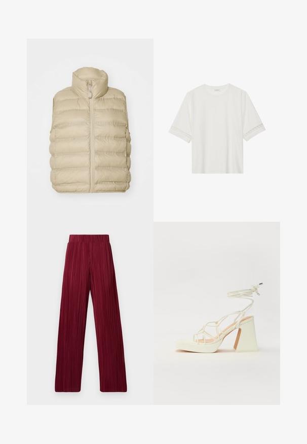 Beige Steppweste mit hohem Kragen, Reißverschluss vorne und horizontalem Steppmuster. Weicher, leichter Stoff mit minimalen Details.; Weißes T-Shirt mit kurzen Ärmeln aus Baumwolle, mit dekorativem Spitzenbesatz entlang der Ärmel und einem runden Ausschnitt.; Bordeauxfarbene, plissierte, weite Hosen mit elastischem Bund. Der strukturierte Stoff weist vertikale Streifen auf. Gerader Schnitt bis zum Saum.; Weiße High-Heel-Sandale mit einem klobigen Absatz, die über ein Riemchendesign und ein Knöchelband verfügt. Glatte Textur mit einer Plattform vorne für zusätzliche Höhe.