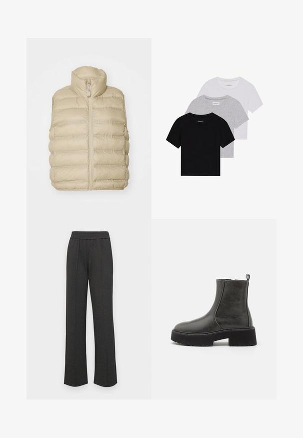 Colete puffer bege com gola alta, fecho frontal e padrão acolchoado horizontal. Tecido macio e leve com detalhes mínimos.; Conjunto de três t-shirts de manga curta nas cores preto, cinza e branco. Feitas em algodão, com gola redonda e um design simples, em cores sólidas.; Calças retas pretas com uma cintura elástica, pregas frontais, tecido macio e sem padrões ou detalhes em metal visíveis.; Botas de tornozelo pretas com um cabedal sintético liso, painéis laterais elásticos, uma alça de puxar e uma sola de borracha grossa.