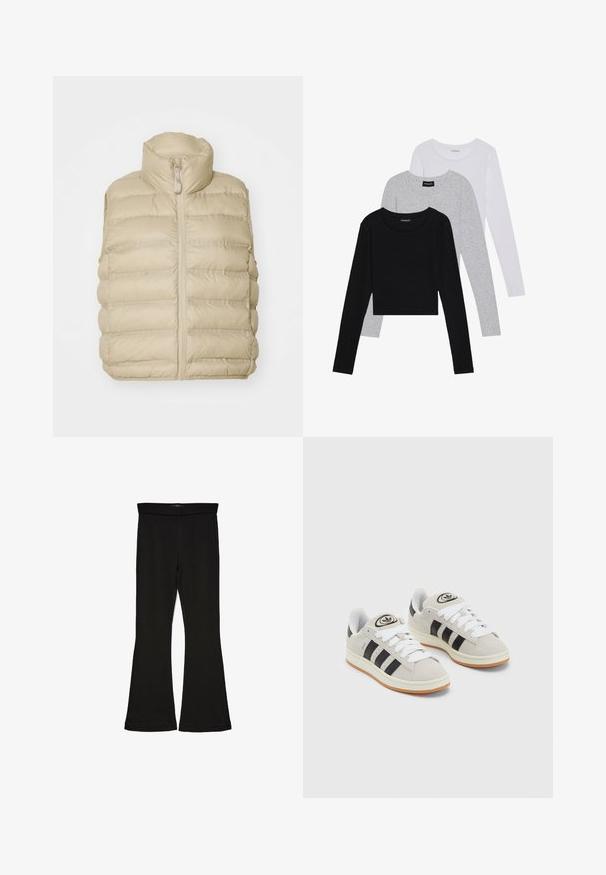 Chaleco acolchado beige con cuello alto, cremallera frontal y patrón de acolchado horizontal. Tejido suave y ligero con un detalle mínimo.; Tres camisetas de manga larga apiladas: negra, gris y blanca. Cada una tiene un escote redondo y un diseño recortado con una tela suave y ligera.; Leggings negros de campana hechos de una tela elástica. Con una cinturilla ancha y una textura suave, presentan una silueta ajustada que se ensancha en el dobladillo.; Zapatillas de ante gris con cordones blancos, rayas negras y suela de goma blanca. Presentan un logo circular en la lengüeta y una suela de goma.