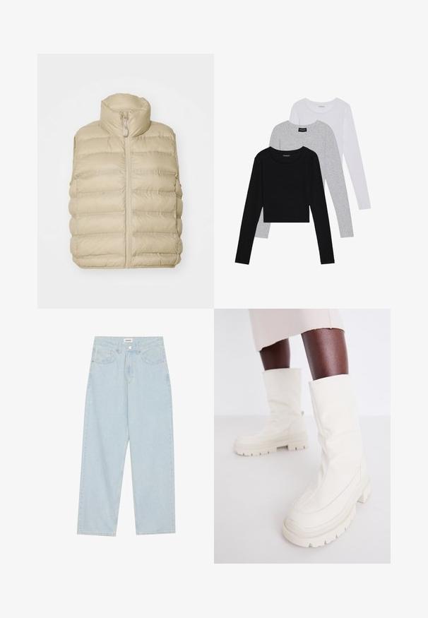 Beige Steppweste mit hohem Kragen, Reißverschluss vorne und horizontalem Steppmuster. Weicher, leichter Stoff mit minimalen Details.; Drei langärmelige Oberteile gestapelt: schwarz, grau und weiß. Jedes hat einen runden Halsausschnitt und ein kurzes Design aus glattem, leichtem Stoff.; Helle blaue weit geschnittene Jeans aus Denim, mit mittelhoher Taille, fünf Taschen und einem Knopfverschluss mit einem schlanken Metallelement.; Weiße Knöchelstiefel mit einer weichen, strukturierten Oberfläche, ausgestattet mit einer klobigen Gummisohle und einer skulpturalen Form für ein modernes Design.