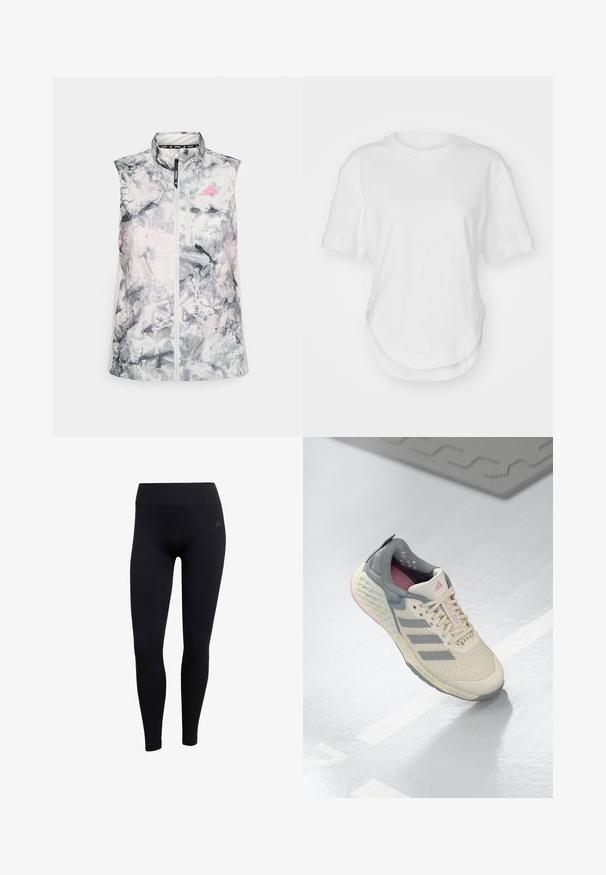 Hihaton juoksuliivi harmaassa ja vaaleanpunaisessa abstraktissa kuosissa, jossa on korkea kaulus, etuvetoketju ja pieni rintatasku.; Valkoinen puuvillapaita, jossa on pyöreä kaula-aukko, lyhyet hihat ja kaareva helma. Tasainen pinta ilman kuvioita tai korostuksia.; Mustat urheilulegginsit, jotka on valmistettu joustavasta kankaasta. Ominaisuudet: korkea vyötärö, istuva leikkaus ja ribbikuvioidut nilkkakutistimet. Huomaamaton brändilogo.; Beige urheilukenkä, jossa on harmaita yksityiskohtia, verkkokangas päällinen ja teksturoitu pohja. Sisältää kolme harmaata raitaa ja vaaleanpunaiset sisäyksityiskohdat.