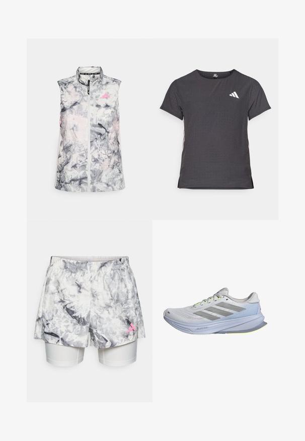 Bezrukávová běžecká vesta v šedém a růžovém abstraktním vzoru, se stojáčkem, předním zipem a malou kapsičkou na hrudi.; Kraťasový sportovní tričko, tmavě šedé barvy s perforovanou texturou. Obsahuje bílé logo a kontrastní boční pruhy. Kulatý výstřih.; Šortky se šedobílým abstraktním vzorem, mají elastický pas, vnitřní podšívku a růžový logo akcent na boku.; Běžecké boty s lehkým síťovaným svrškem v bílé barvě, doplněné šedými pruhy. Podešev má mírný oblouk a neonově žluté akcenty.