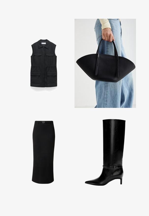 Schwarze ärmellose Weste, Knopfverschluss, zwei Brusttaschen, zwei Fronttaschen, elastischer Taillendetail, glattes Material, maßgeschneiderte Gestaltung.; Schwarzes oversized Sweatshirt mit Rundhalsausschnitt und langen Ärmeln, vor einem weißen Hintergrund präsentiert. Einfaches und lässiges Design.; Weißes Langarm-Hemd mit Knopfleiste, spitzen Kragen und abgerundetem Saum, vor einem schlichten Hintergrund präsentiert.; Schwarzer Bleistiftrock aus glattem Stoff, mit einem mittellangen Design, Gürtelschlaufen und einem rechteckigen silberfarbenen Schnallendetail.; Schwarze Lederstiefel bis zum Knie mit spitzer Zehe und kleinem Absatz. Verfügt über einen schmalen Riemen mit einer metallischen Schnalle am Knöchel. Glatte Textur.; Schwarze Lederhandtasche mit einzigartiger Fächerform, ausgestattet mit flachen Griffen. Die Oberfläche hat eine genoppte Textur und ein minimalistisches Design.